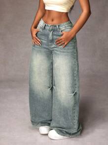 SHEIN ICON 女式前扣口袋简约宽松休闲牛仔裤 - 淺色水洗藍 - 查看 5