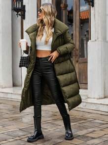 EURMUSE Solid Color Belted Long Padded Jacket For Women - Green - View 3