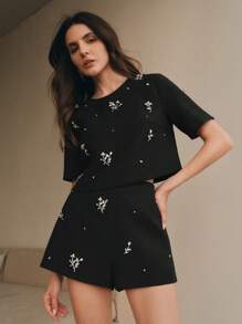 Anewsta 2 件套优雅串珠装饰短袖短裤夏季服装 - 黑色 - 查看 8