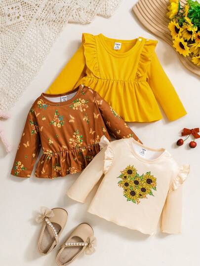 SHEIN 3pcs Newborn Baby Girl Floral Print Long Sleeve Top Set, Autumn , Fall Clothes