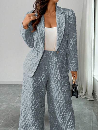 Elenzga Set de 2 piezas de top de manga larga con un solo botón y pantalones largos con estampado floral para tallas grandes