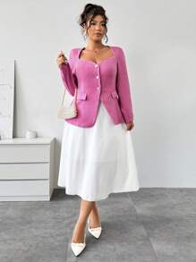 SHEIN Unity Plus Size Front Button Long Sleeve Faux Pocket Minimalist Top & Skirt 2pcs Set, Casual - Pink - View 8