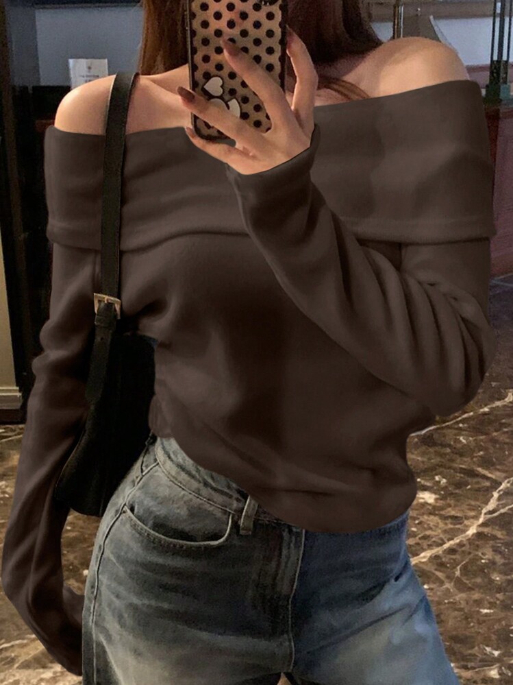 DAZY Maglietta a maniche lunghe a spalle scoperte in maglia tinta unita, marrone caffè, adatta per primavera/estate/autunno, abbigliamento da donna per l'autunno
