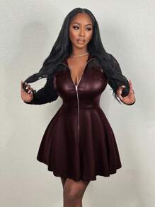 Slaydiva Gaun Bodycon PU Hitam Elegan dengan Resleting Depan dan Patchwork Renda, Potongan Hem Tinggi-Rendah, Lengan Panjang - Coffee Brown - View 3