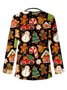 PopScrub Women Colorful Cute Cartoon Animal Christmas Lucky Gingerbread Men Print Nurse Scrub Uniform Jacket For With Pockets Lab Coat Scrub Uniforms Top - Multicolor - View 2