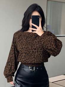 DAZY 女士休闲复古豹纹圆领运动衫，秋季女装 - 棕色 - 查看 8