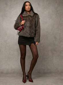 SHEIN BAE Dames effen kraag lange mouwen open voorkant pluizige jas, winter