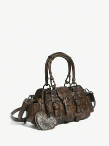 SHEIN ICON Moda femei New Sweet & Cool Y2K Heart Decor Retro Biker Style Top Handler Geantă, potrivită pentru fete, stradă, Y2K, retro, geantă de mână, tote bag, inimă, stil motociclist, geantă pentru școală, adolescenți