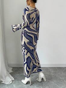 Elenzga 女士全印花圆领喇叭袖针织毛衣连衣裙