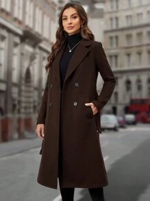EMERY ROSE Women's Solid Color Double-Breasted Belted Pocket Long Sleeve Elegant Overcoat - Coffee Brown - View 6