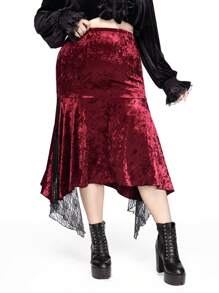 ROMWE Christmas Plus Size Women Gothic Style Asymmetrical Hem Lace Patchwork Bodycon Velvet Skirt - Burgundy - View 6