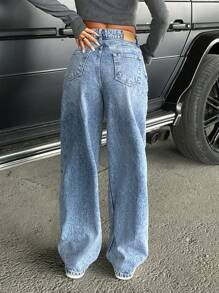 Cottnline HIGH RISE STRAIGHT CUT WASHED EFFECT BLUE JEAN - Medium Wash - View 2