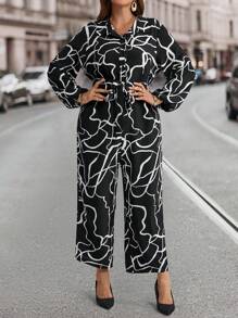 EMERY ROSE Plus Size Front Button Closure Full Print Elegant Jumpsuit,Winter Clothes For Women - Black and White - View 5