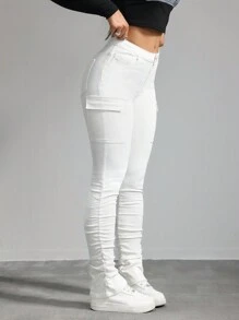 SHEIN Tall Women's Jeans White Skinny Stretch Work Pocket Pants Denim Jeans Pants Stacked Women Jeans Tall Women Pants Y2k Jeans Women Tights Cargo Pants Stacked Women Jeans Tall Women Pants