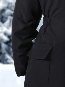 Tween Girl Pink Furry Collar Black Parka Fluffy Lined Outerwear - Black - View 4