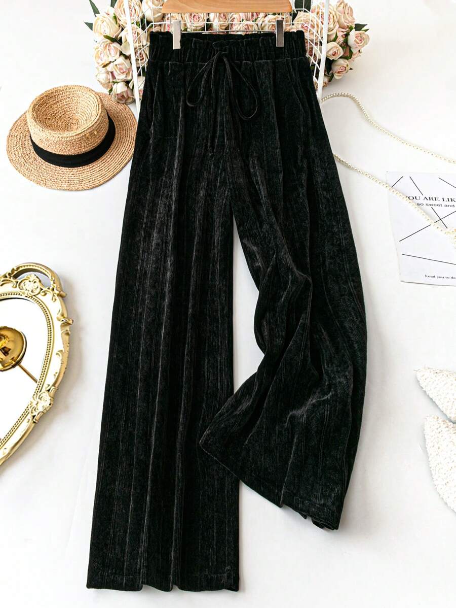 SHEIN LUNE Plus Size Solid Color Ruffle Trim Front Tie Pocket Casual Wide Leg Pants, Daily Wear Holiday - Apricot - View 1