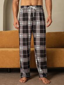 Manfinity Underwear&Sleepwear Basics Men's Plaid Print Drawstring Waist Loose Straight Leg Home Pants