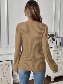 Chiquease 1pc Women Button Front Long Sleeve Solid Color Casual Blouse Knit Pullover Fall Winter Outfit - Khaki - View 2