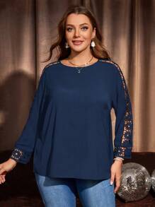 EMERY ROSE 大码黑色长袖上衣春秋长袖衬衫休闲纯色蕾丝拼布衬衫，秋季女装 - 藏蓝色 - 查看 1