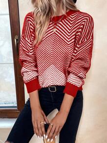 SHEIN LUNE Color Block Jagged Stripe Print Casual Versatile Long Sleeve Pullover Sweater