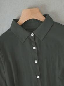 Franclia 女士纯色前扣收褶袖休闲连衣裙长款女装 - 軍綠色 - 查看 4