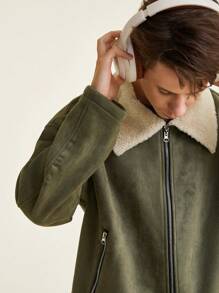 青少年男孩休闲酷炫雪山印花舒适长袖连帽毛绒夹克 - 軍綠色 - 查看 5