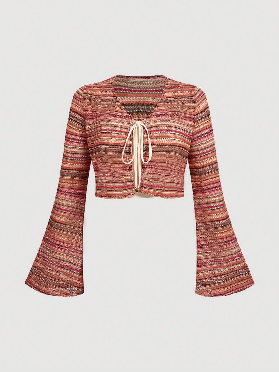 SHEIN MOD 大码复古条纹喇叭袖系带 T 恤 - 彩色 - 查看 1