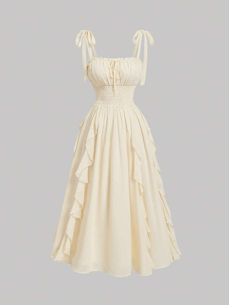 SHEIN MOD Red Chiffon Tie-Bow Ruffle Trim Maxi Summer Beach Cami Dress