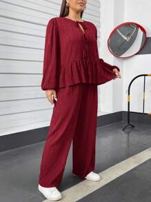 SHEIN Essnce Plus Size Women's Solid Color Long Sleeve Top And Pants Co-Ords - Burgundy - View 4