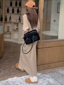 DAZY Váy len túi chắp vá cổ polo đơn giản màu trơn cho nữ, mùa thu/đông - Màu Khaki - Xem 5