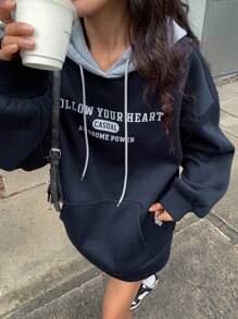 DAZY Loose Fit Fleece Contrast Color Panel Letter Print Hoodie For Women,Long Sleeve Tops,Fall Clothes Sweatshirt,Winter - Navy Blue - View 1