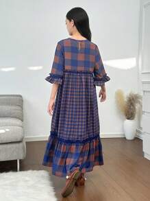 SHEIN Leap Crew Tween Girls Loose Casual Simple Comfortable Patchwork Round Neck Plaid Dress - Blue - View 2