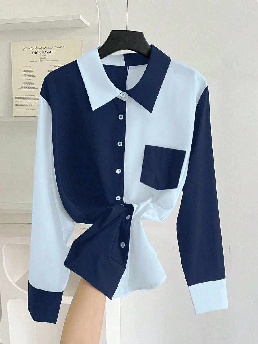 SHEIN Clasi Plus Size Autumn Color Blocking Long Sleeve Casual Shirt - Multicolor - View 1