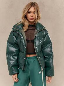 MISSGUIDED Abrigo de invierno acolchado de lujo de vinilo relleno, sobrecalentado con cuello alto, acolchado, resistente al frío, chaqueta de nieve, moda callejera, prenda de declaración de uso diario - Verde Oscuro - Ver 1