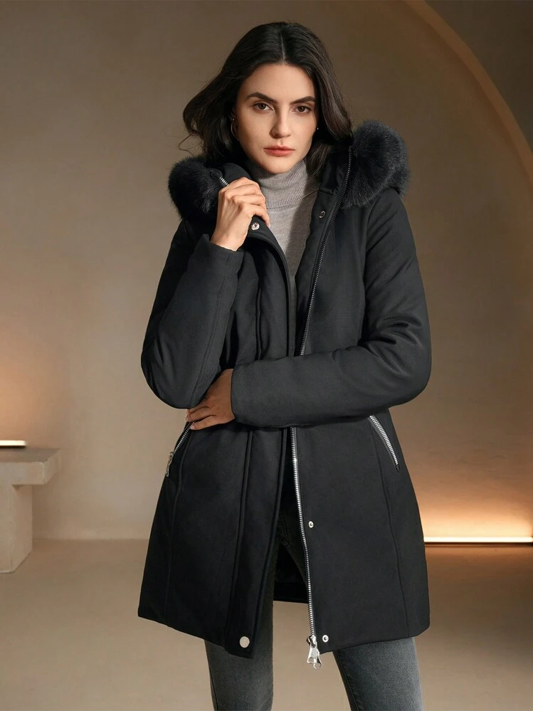 Anewsta Chaqueta con capucha y cintura entallada de largo medio para mujer - Negro - Añade 8