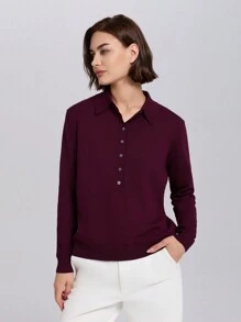 Women Solid Color Button Front Long Sleeve Casual Knit Polo Shirt - Burgundy - View 1