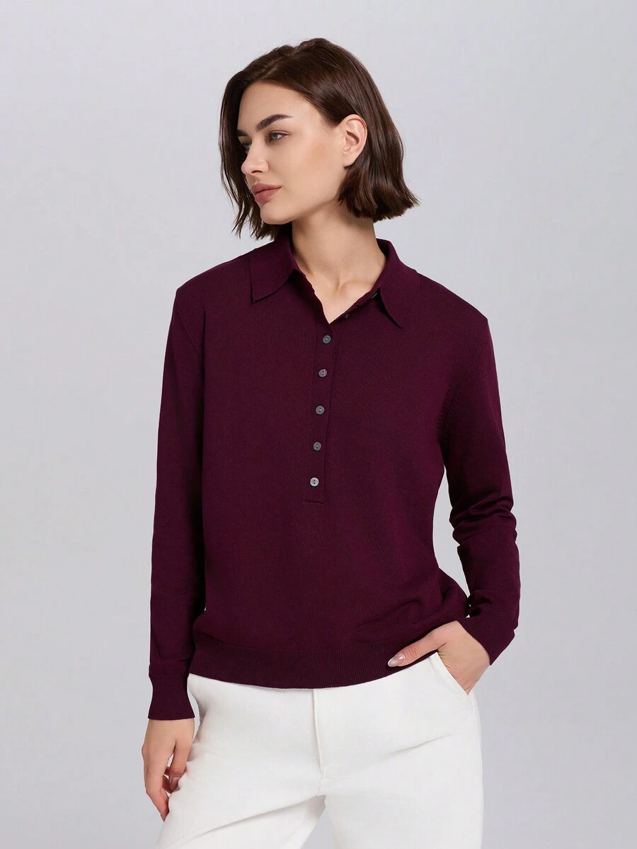 Women Solid Color Button Front Long Sleeve Casual Knit Polo Shirt - Burgundy - View 1