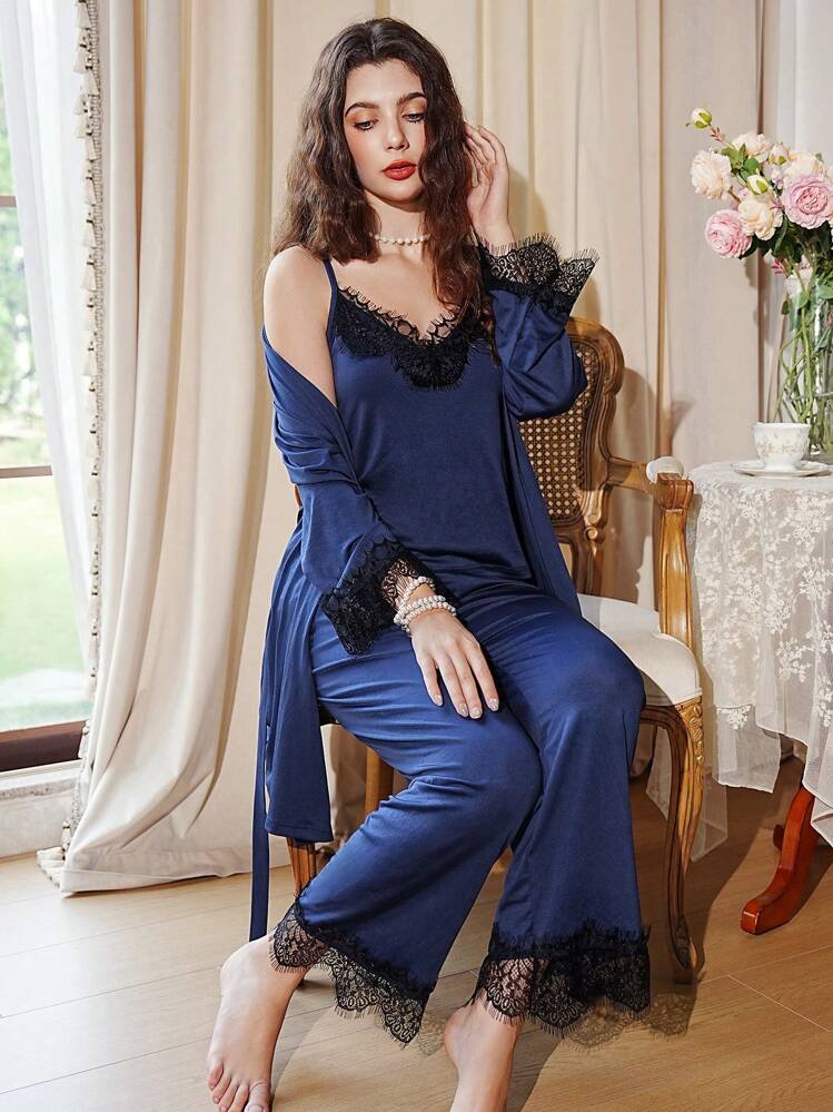 Côtesoire Conjunto de pijama con top de camiseta de encaje en contraste, pantalones y bata con cinturón, ropa de temporada de otoño e invierno - Azul - Ver 1