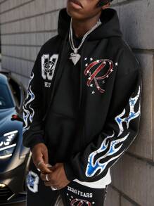 Manfinity VCAY Men's Loose Print English Letter Pattern Long Sleeve Knit Sweatshirt Set, For Fall Winter - Black - View 6