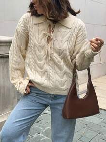 SHEIN Frenchy Women Solid Color Front Tie Cable Casual Versatile Long Sleeve Sweater