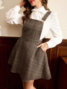 Vintamour 复古优雅女式套头连衣裙，带口袋，方领格子提花布，无袖背心裙配金属扣，褶皱 A 字形喇叭下摆中长连衣裙冬季女装复古感恩节女装冬季装圣诞女装圣诞装圣诞女装棕色迷你连衣裙圣诞服装棕色迷你裙冬季连衣裙假日棕色裙子谷仓 Barnfit