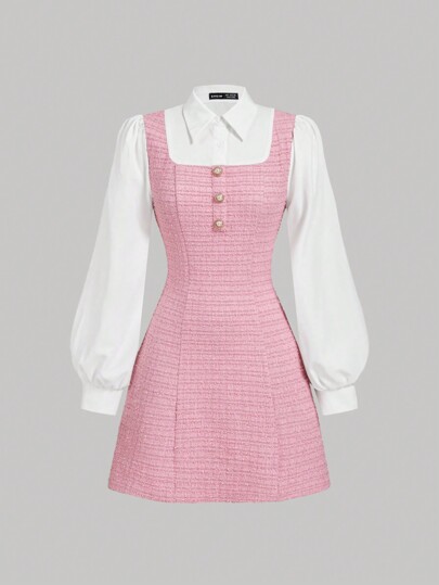 SHEIN MOD 1 pieza Vestido largo de manga larga con cuello y parche de cuadros elegante para mujer, otoño