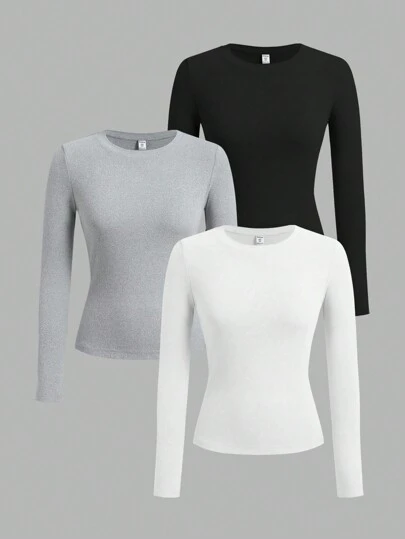 SHEIN Girlism 3 st/set Tween flickor med rund hals Casual T-shirts med långa ärmar