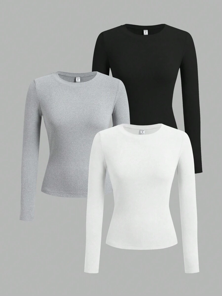 SHEIN Girlism 3 件套 Tween 女童圆领休闲修身长袖 T 恤