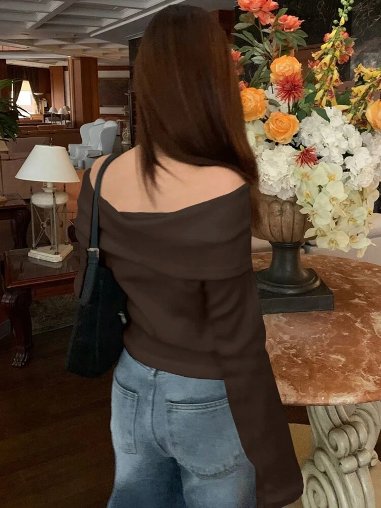 Women's Solid Color Open Shoulder Off Shoulder Knit T-Shirt, Coffee Brown, Spring/Summer/Autumn Long Sleeve Women Tops,Fall Women Clothes