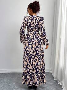 SHEIN Clasi 1 pieza Vestido de manga larga con cuello en V elegante, diseño de giro y estampado todo sobre