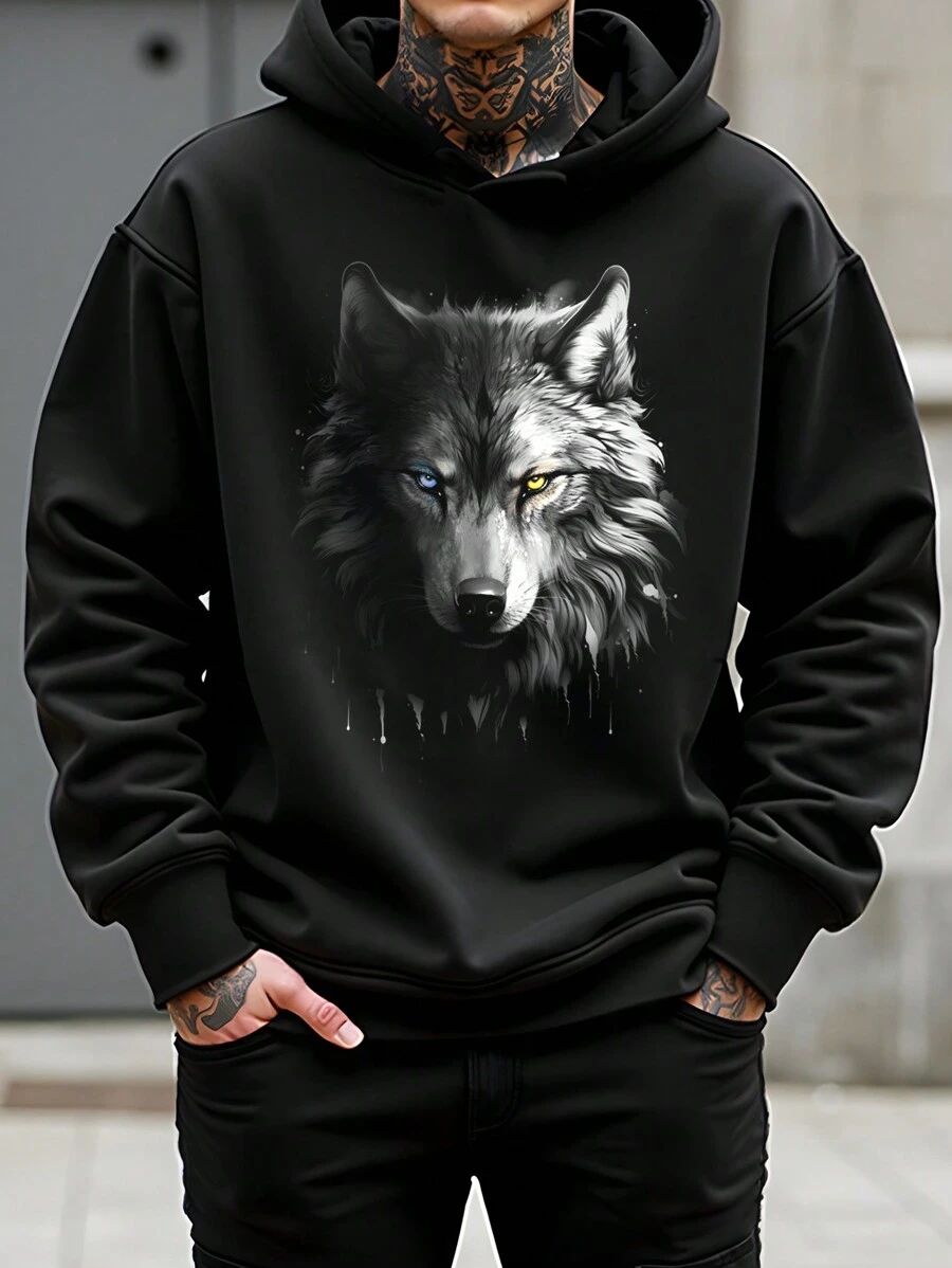 Manfinity LEGND Men Plus Size Black Drop Shoulder Hooded Sweatshirt Going Out Vintage Black Graphic Long Sleeve Hoodie, For Friends, Husband, Boyfriend Gifts - Black - View 1