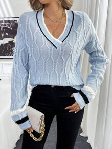 SHEIN LUNE Women's Solid Color Splice V-Neck Pullover Sweater, Minimalist & Casual Knit Pullover Fall Winter Outfit - Blue - View 6