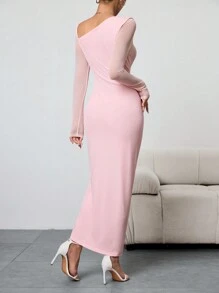 Rafferiza Damen einfarbiges Mesh Kleid mit asymmetrischem Ausschnitt, geraffter Taille und langen Ärmeln, elegantes Maxikleid für Damen - Pink - Übersicht 2