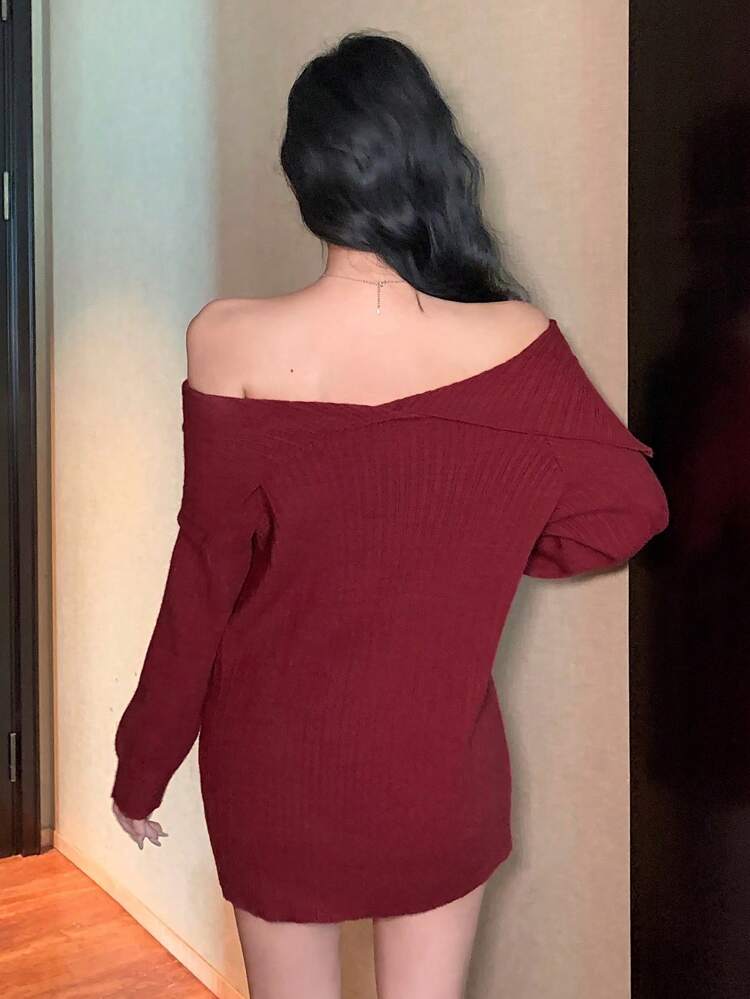 Women Plain Loose Off-Shoulder Long Sleeve Casual Cropped Sweater ,New Year Eve Off Shoulder Sweater,Fall Clothes Christmas